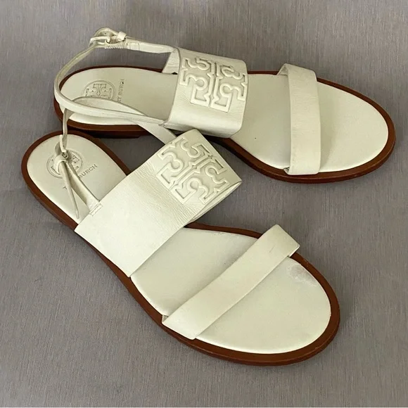 Tory Burch Flat White Slingback Sandals 8 M Big Logo Open Toe Leather - Picture 7 of 10